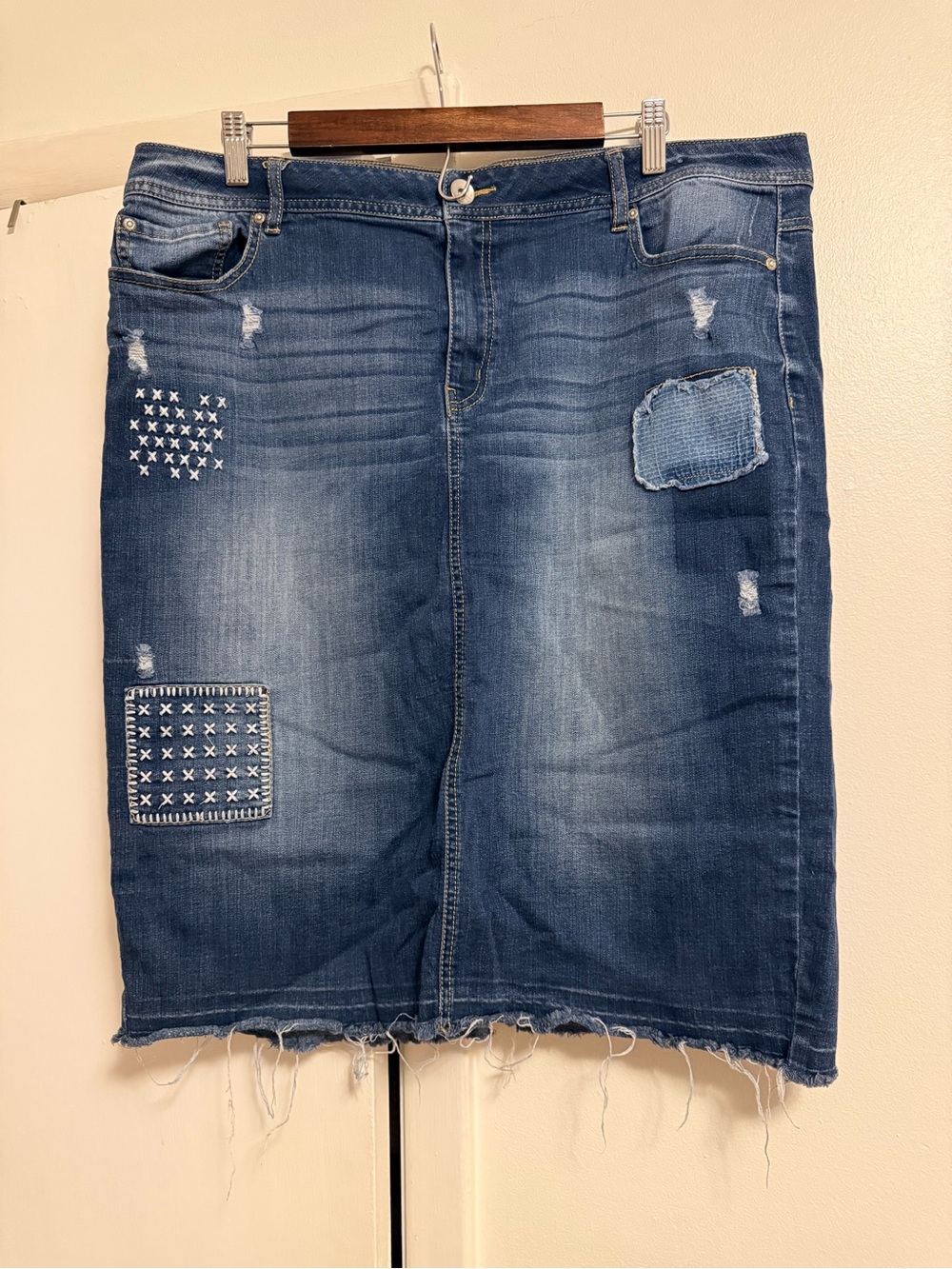 Denim Patchwork Midi Skirt - Blue